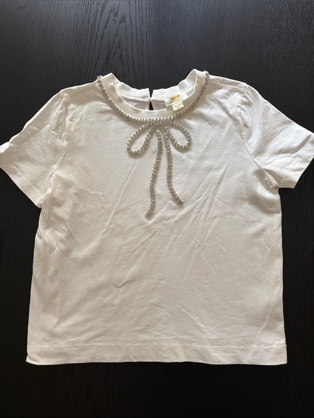 Maeve by Anthropologie White Short-Sleeve Tee with Crystal Bow Accent